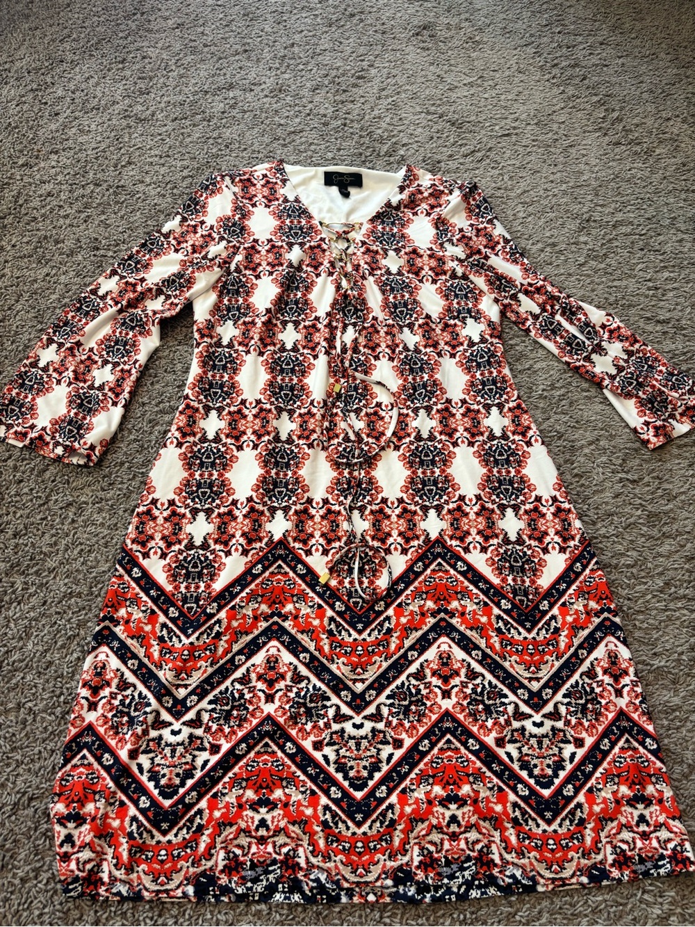 Jessica Simpson Cream, Burnt Orange and Navy Printed Long Sleeve Midi Dress